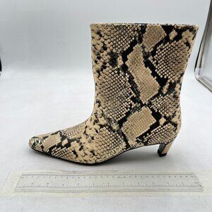 Beige Snakeskin Square Toe Comfort Kitten Heel Ankle Boots Pull On Booties Shoes